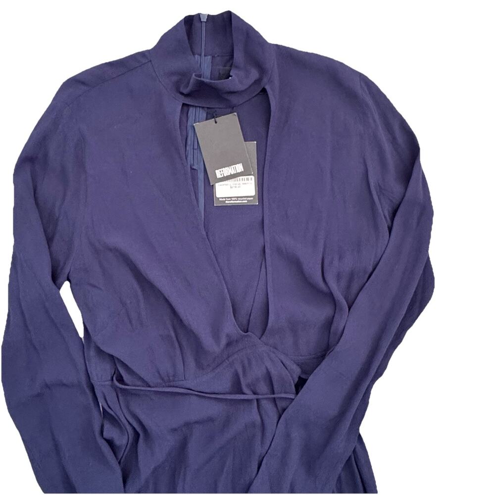 Brand New Reformation Navy Wrap Tie Campbell Dress L $218 NWT Party - Picture 3 of 10